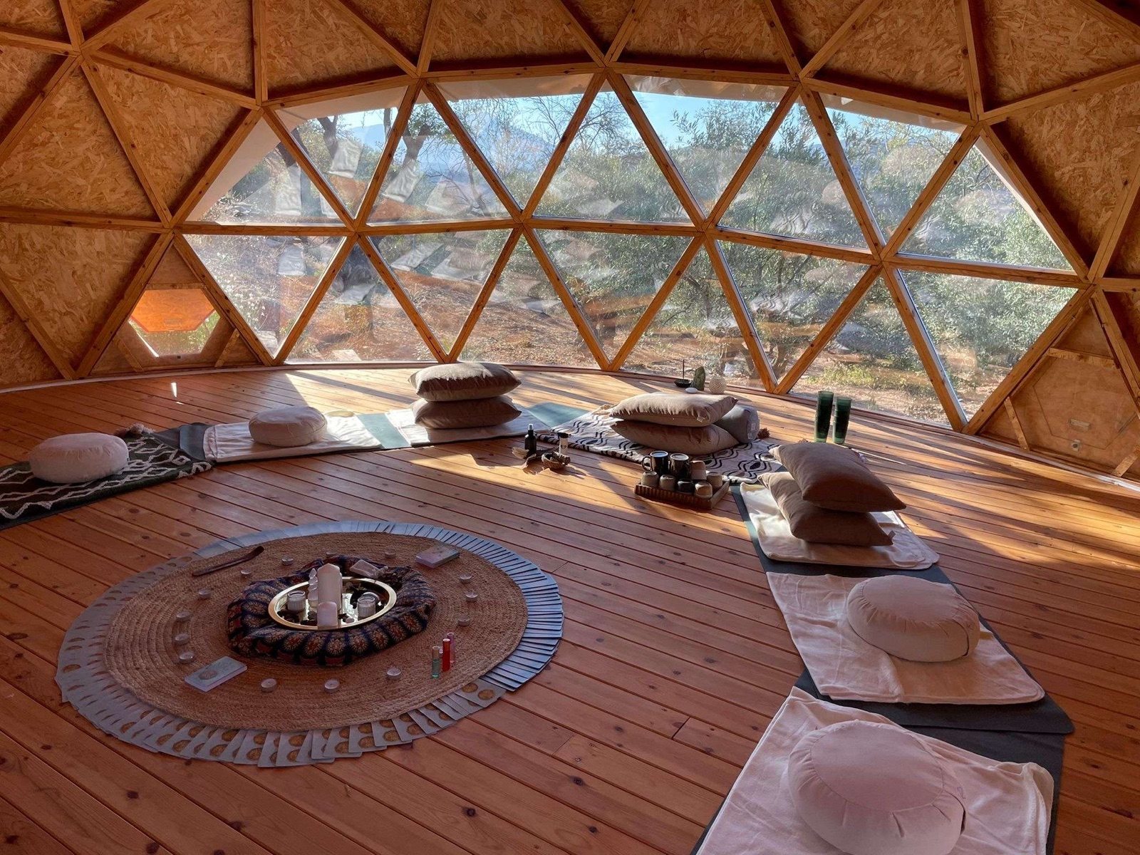 Wisdome geodesic dome exterior at golden hour